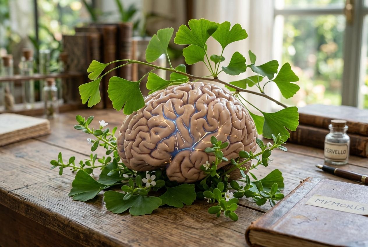 Cervello umano con rami di piante verdi intorno, su tavolo di legno; fiori e un piccolo barattolo sullo sfondo. integratori per la salute del cervello.