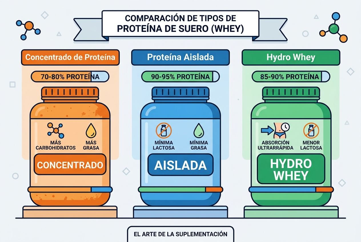 Comparación de tipos de proteína de suero (whey) con tres botes: concentrado, aislado y hydro whey, mostrando porcentajes de proteína y características.
