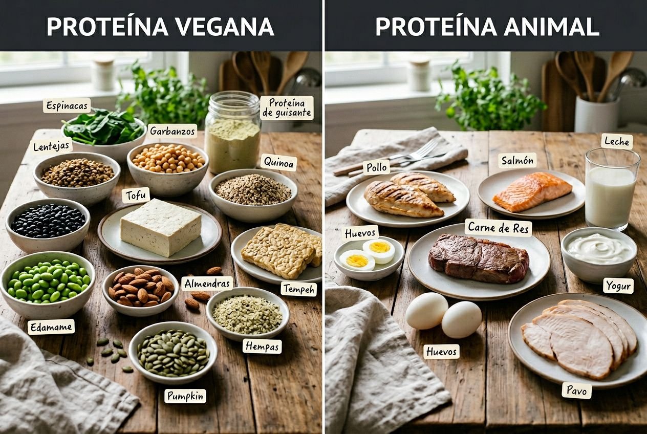 Comparativa de proteínas: lado izquierdo vegetariana con legumbres, tofu y frutos secos; lado derecho animal con pollo, carne, huevos y yogur. Proteína vegetal o animal para aumentar masa muscular.