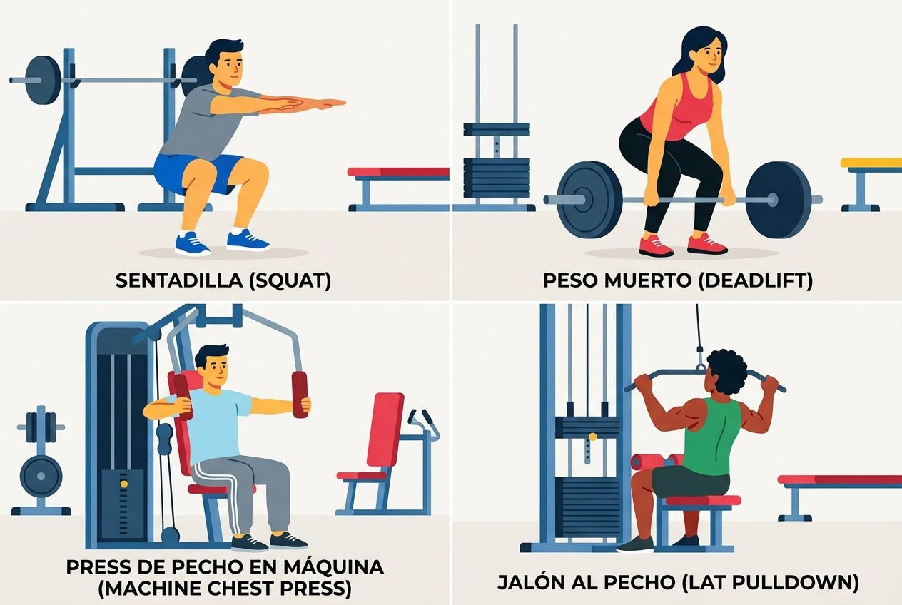 Cuadríptico de ejercicios: sentadilla, peso muerto, press de pecho en máquina y jalón al pecho (lat pulldown) para una rutina entrenamiento de fuerza principiantes.