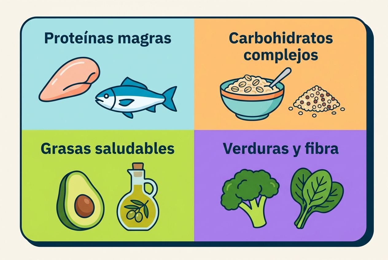 Cuadro ilustrado con cuatro cuadrantes: proteínas magras (pollo y pescado), carbohidratos complejos (avena), grasas saludables (aguacate y aceite) y verduras y fibra (brócoli y hojas verdes). Proteína para perder peso y ganar masa muscular.
