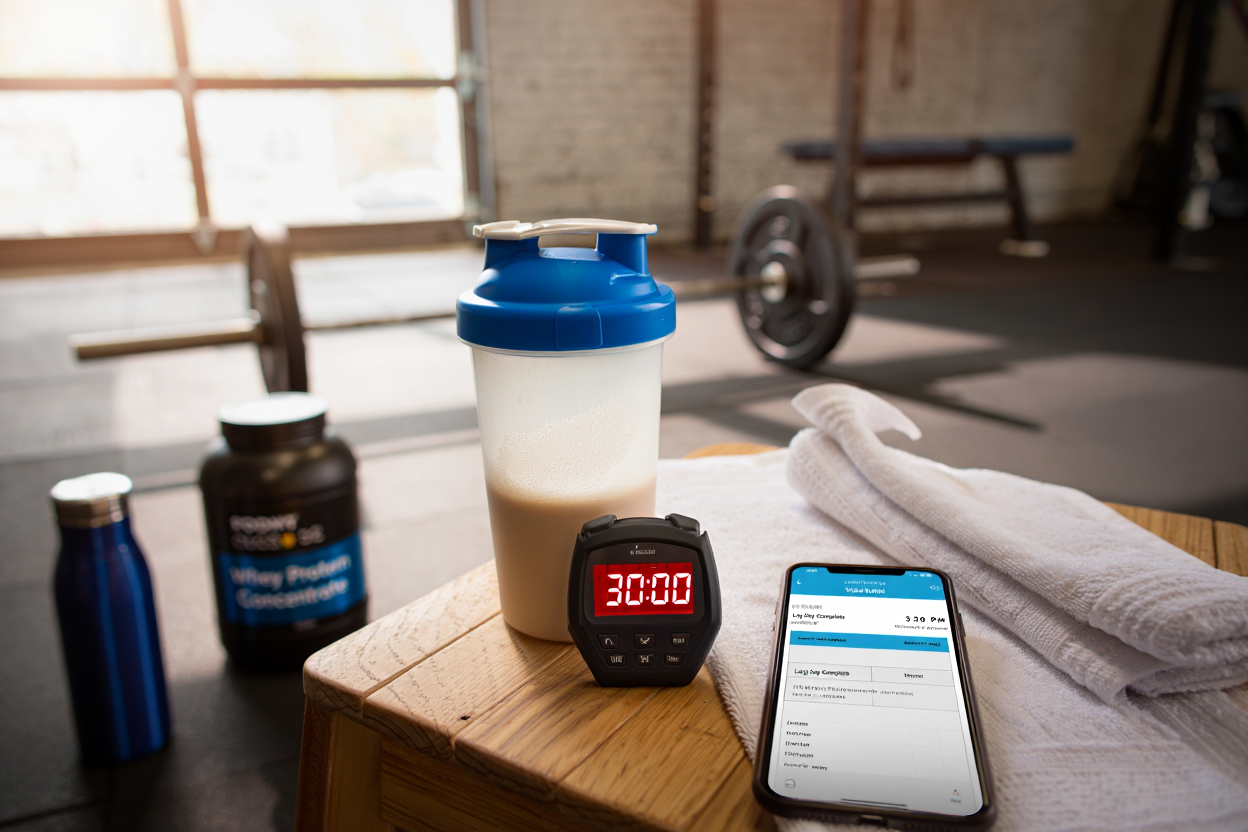 Person drinking whey protein shake immediately after resistance training session