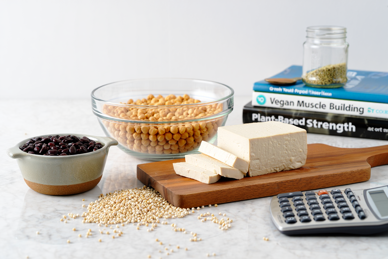 Hülsenfrüchte, Tofu und Nüsse in Schüsseln