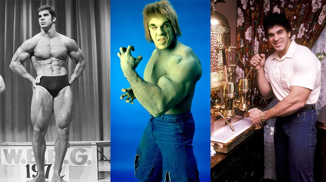 Tres imágenes de culturistas: figura muscular en bikini de competición, Hulk en pose de acción, y hombre en sala con trofeos dorados y máquina de contrapesos.