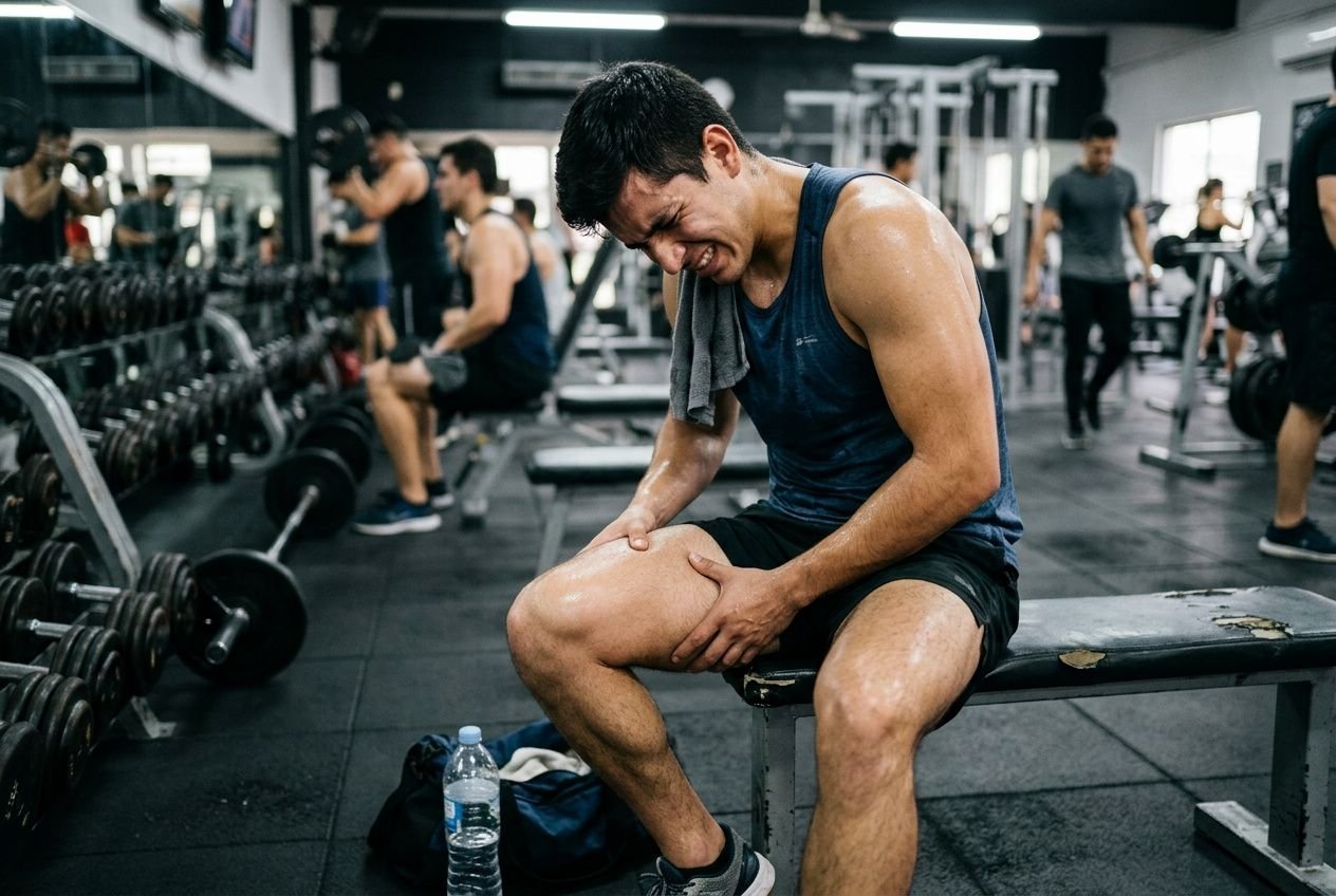 Deportista sentado en banco de gimnasio con dolor muscular tras entrenar, sosteniendo la rodilla y la pantorrilla; botella de agua y bolsa a su lado. dolor muscular despues del ejercicio que hacer.