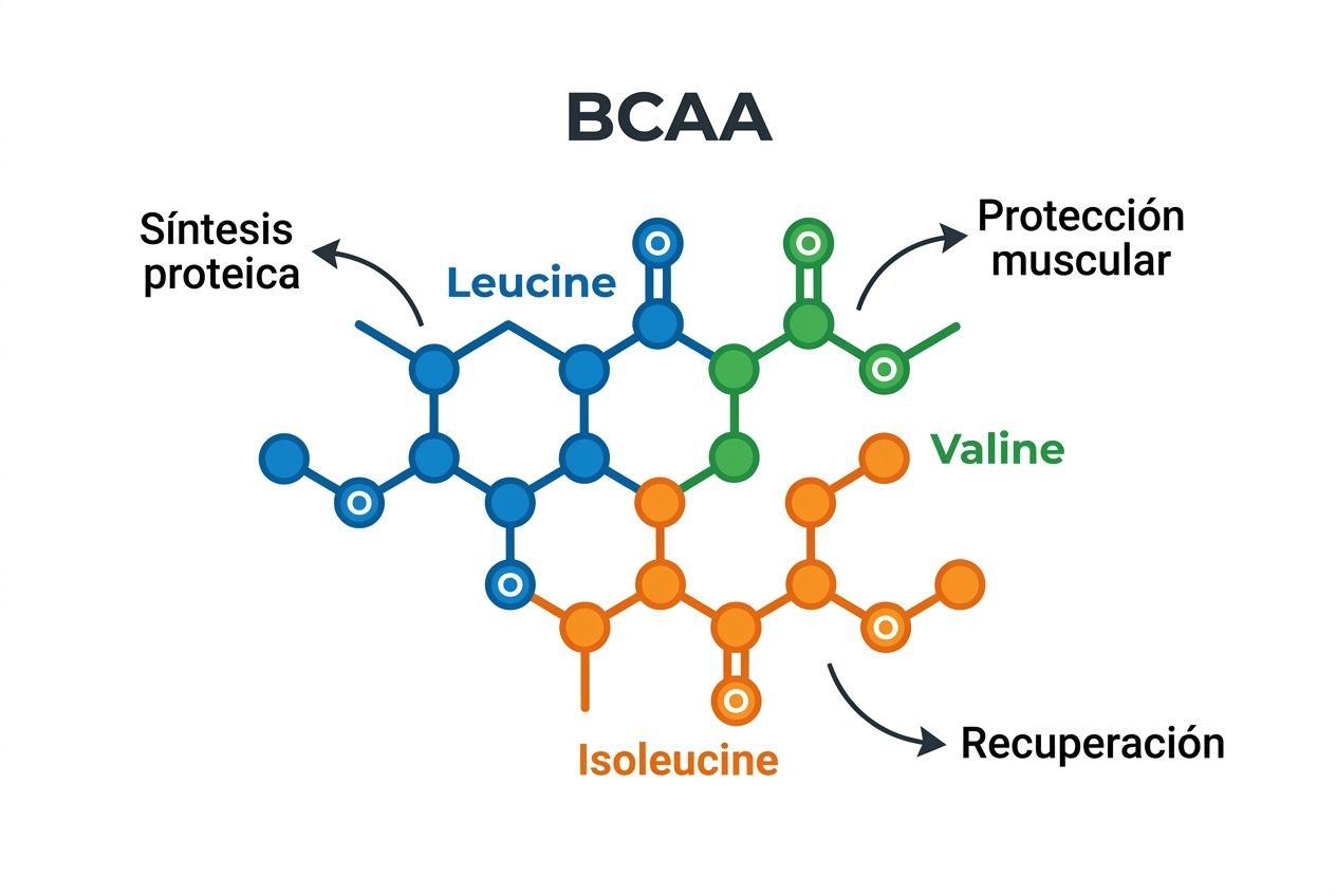 Diagrama de BCAA con Leucina, Isoleucina y Valina destacando síntesis proteica y protección muscular. Suplementos para ganar fuerza y masa muscular.