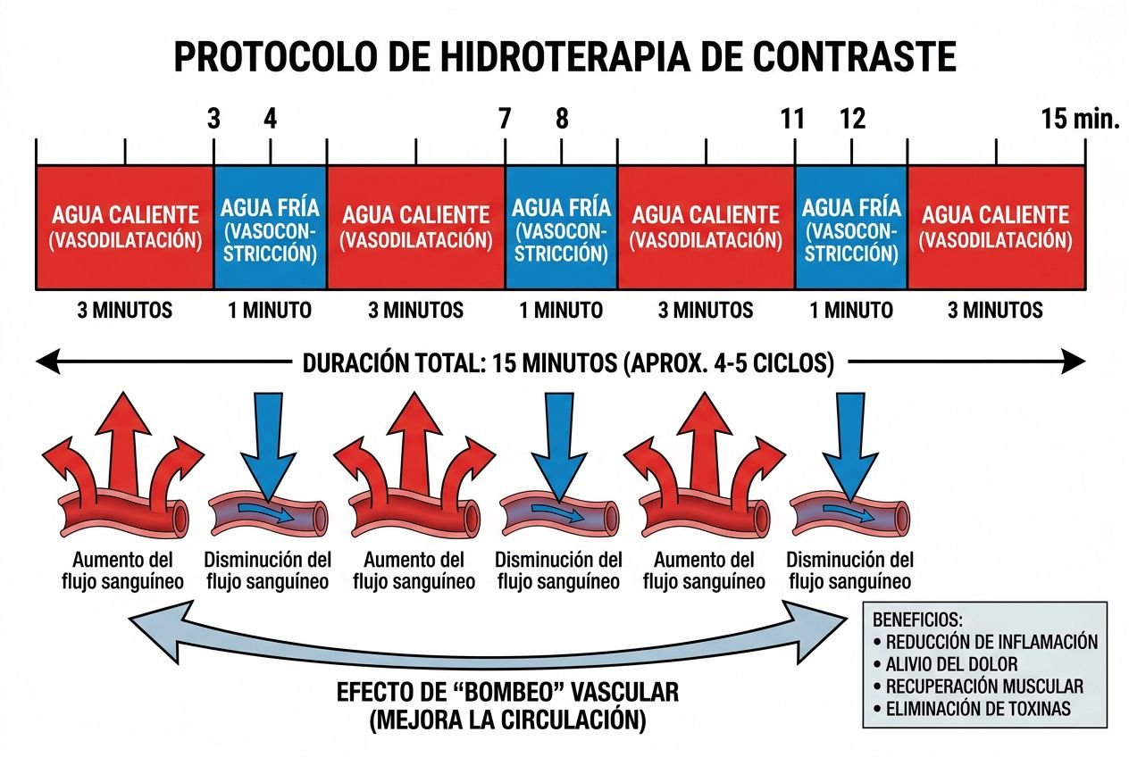 Diagrama sobre protocolo de hidroterapia de contraste: alterna agua caliente y fría para vasodilatación y vasoconstricción, mostrando diferentes fases y efectos en la circulación. cuñado integrar: cuándo poner hielo y cuándo calor?