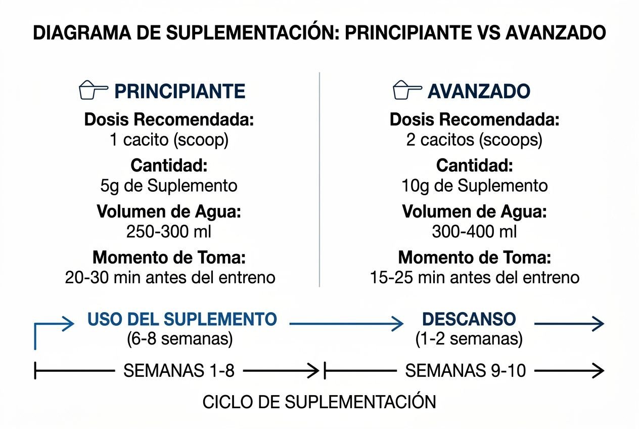 Diagrama de suplementación: principiante frente a avanzado con dosis, cantidad y momento de toma; guía de uso y descanso en un ciclo de 1–10 semanas para pre-entreno. Cómo elegir un buen pre-entreno según tu objetivo y perfil.