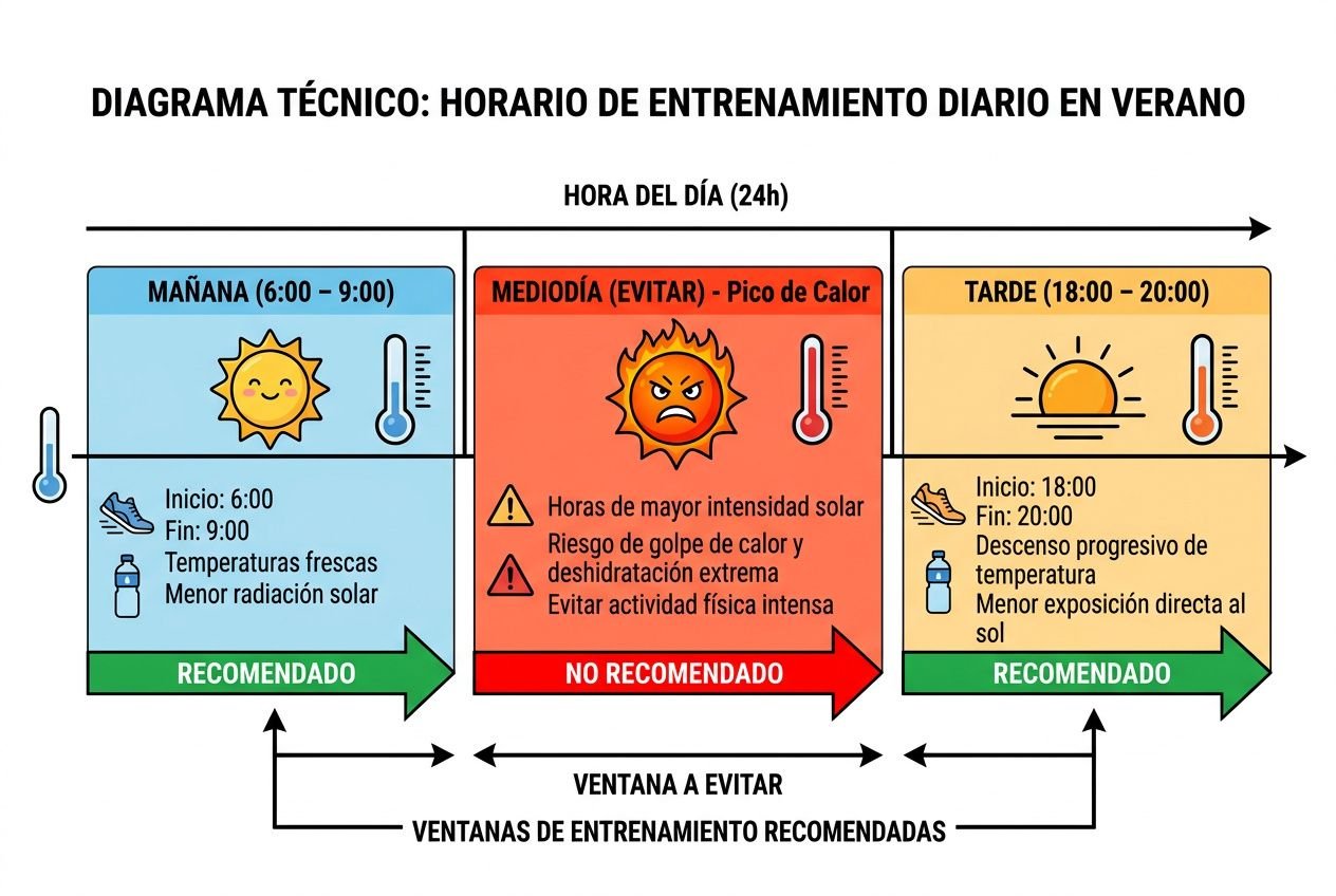 Diagrama técnico: horario de entrenamiento diario en verano con tres bloques: mañana agradable, mediodía de calor extremo y tarde con sol descendente; incluye temperaturas, recomendaciones de hidratación, electrolitos y evitar golpe de calor. entrenamiento con calor hidratación electrolitos y consejos para el verano.