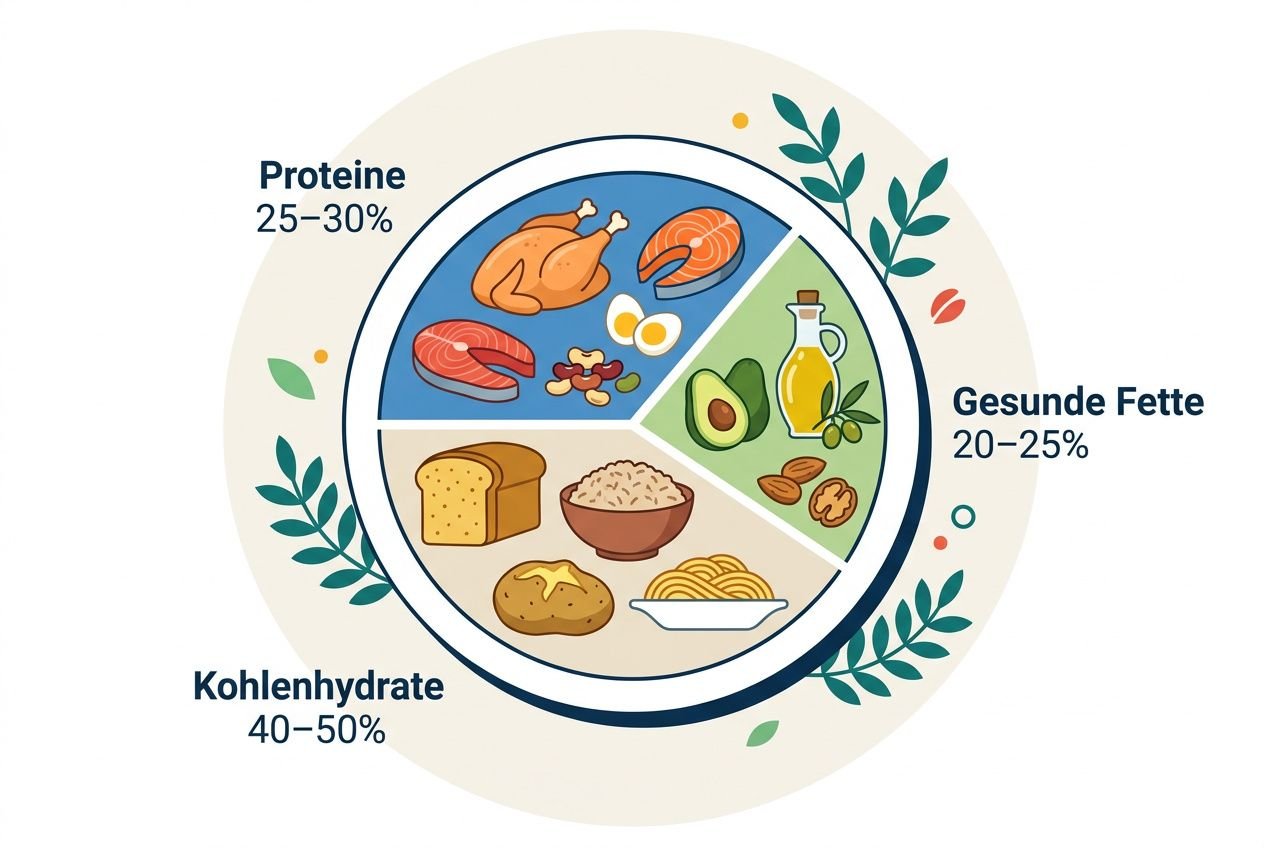 Diät-Pfannenbild: Teller mit Proteine, Kohlenhydrate, gesunde Fette; Segmente zeigen Portionsgrößen und Fettabbau; Grafik rund mit Pflanzenmotiv. Kaloriendefizit fettabbau wie funktioniert.