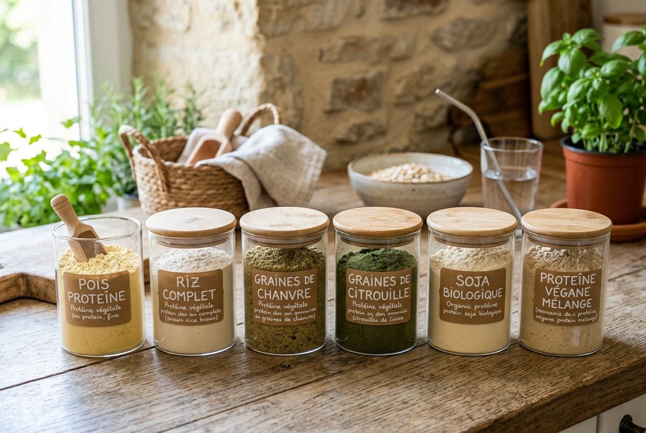 Différents pots en verre contenant des protéines végétales en poudre (pois, riz complet, graines de chanvre, graines de citrouille, soja biologique, protéine végétale mélangée) sur une table en bois.