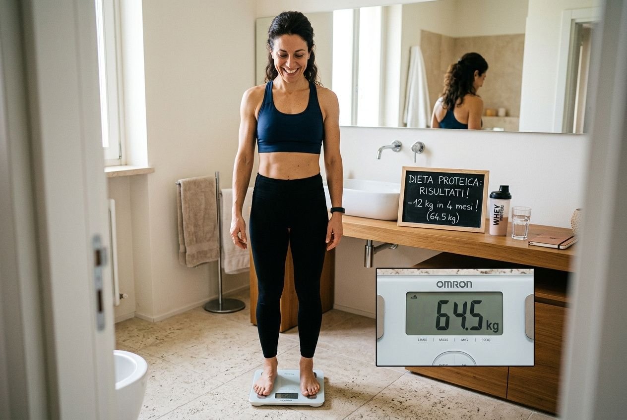 Donna in abiti sportivi si pesa su una bilancia digitale in bagno; a fianco, lavagna con “Dieta proteica: risultati” e peso mostrato 64,5 kg.