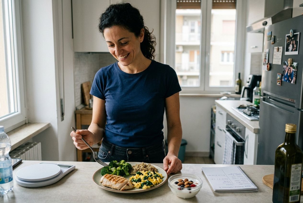 Donna in cucina sorride mentre gusta un piatto proteico con pollo, verdure e uova, per una dieta proteica per dimagrire.
