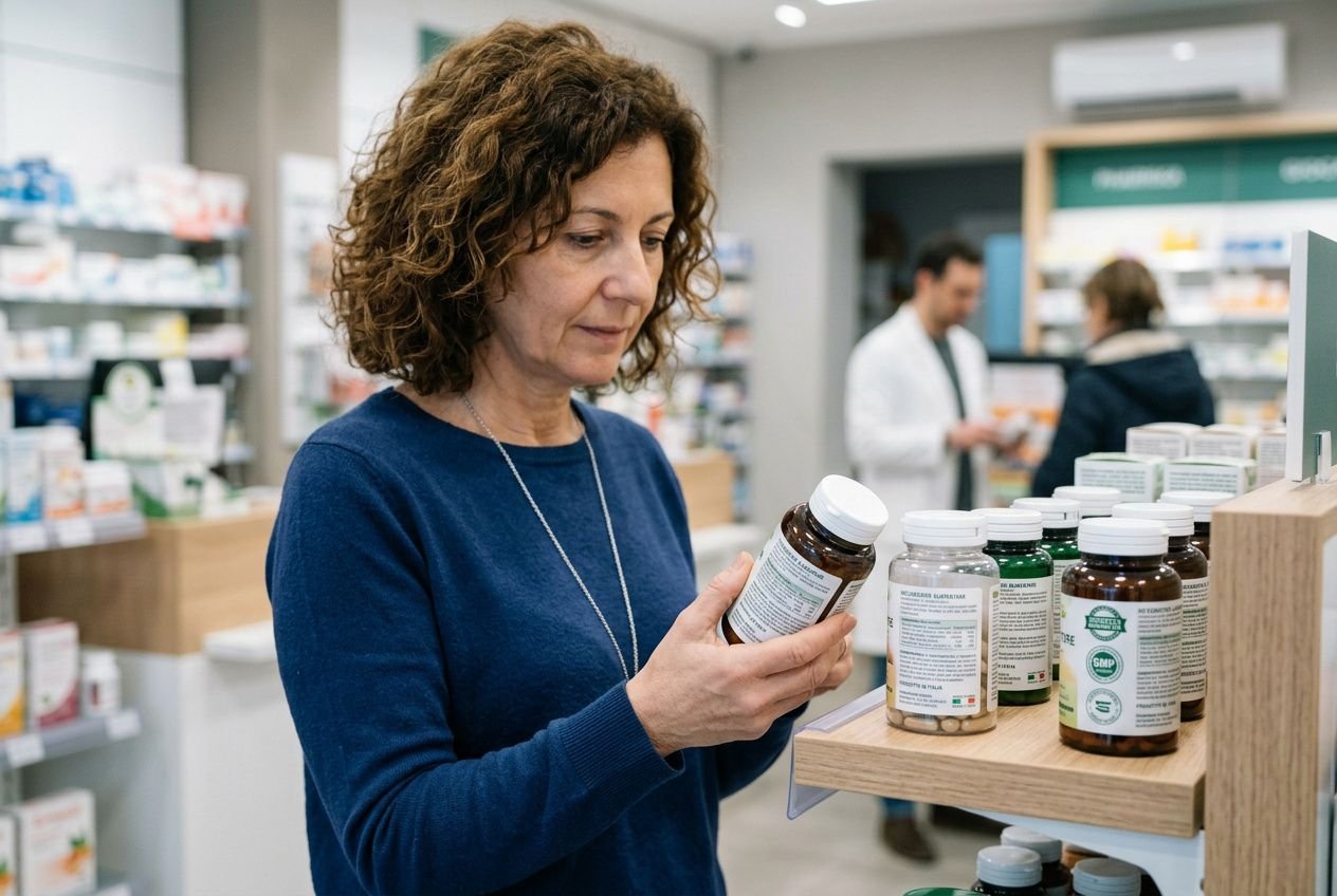 Donna in farmacia controlla l’etichetta di un integratore in bottiglia, tra scaffali di prodotti. come verificare integratori sicuri