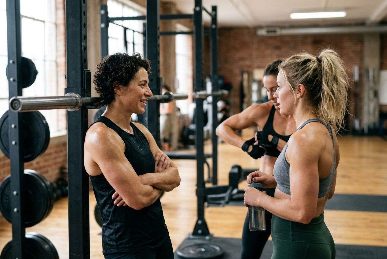 Donna in palestra, allenatori spronano mentre una collega si allena vicino a bilancieri; discussione motivante tra esercizi. deficit calorico per definizione muscolare