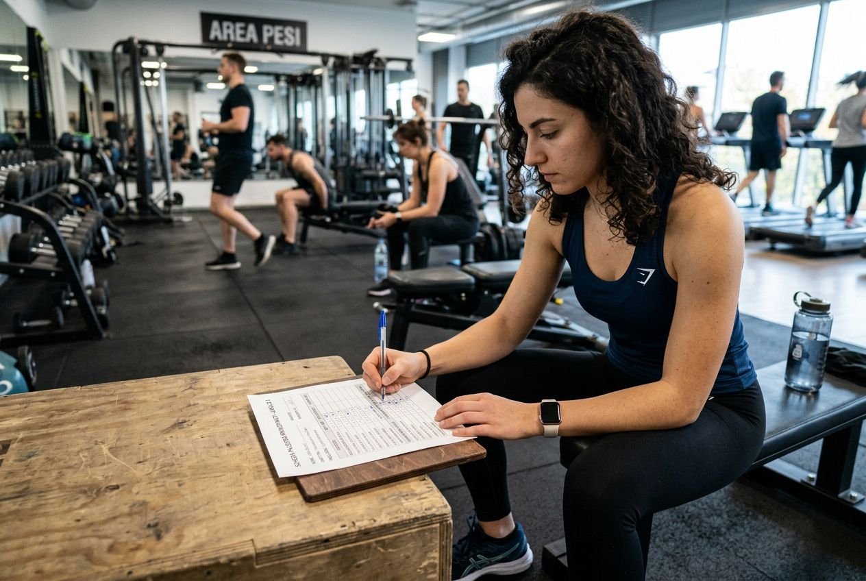 Donna in palestra compila una scheda palestra per principianti su un foglio, circostante attrezzi e persone che si allenano.