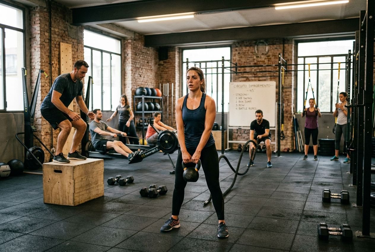 Donna in palestra che esegue un kettlebell swing in primo piano, altri atleti allenano e si preparano sullo sfondo; atmosfera dinamica. scheda palestra per dimagrire.