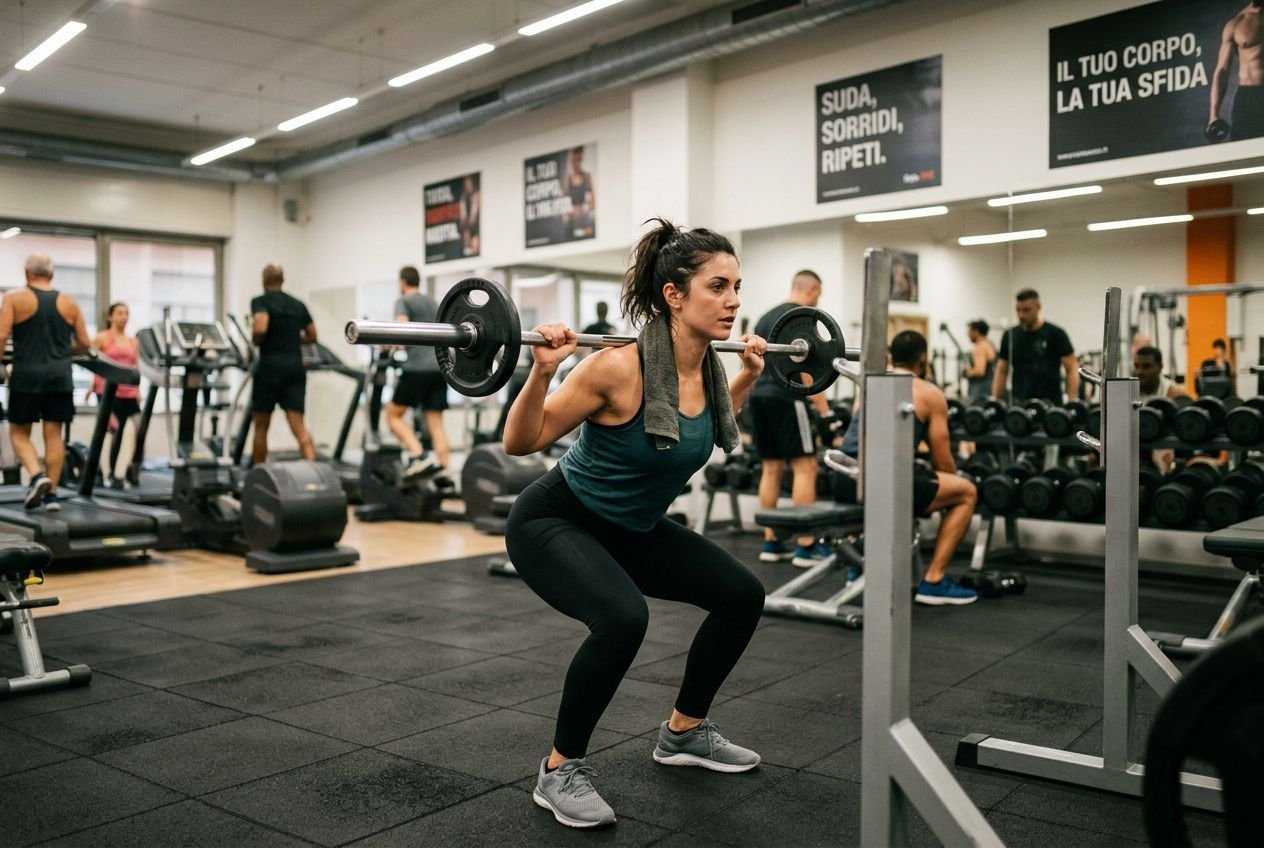 Donna in palestra esegue uno squat con bilanciere, in ambiente attrezzato con pesi e macchine; ambiente motivante. Scheda palestra per dimagrire integrated.