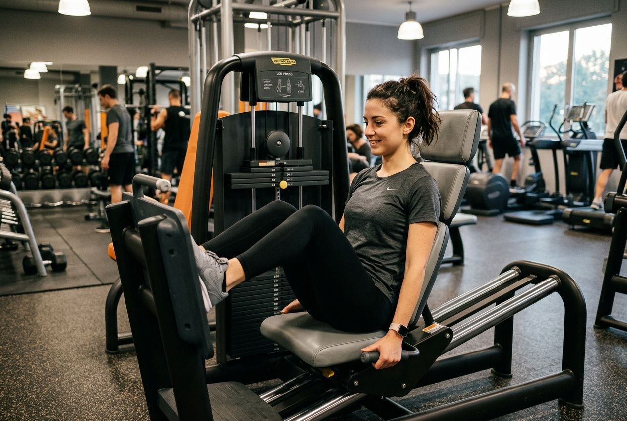Donna in palestra usa una macchina per leg press, seduta e concentrata sull'allenamento; inquadra l'esercizio della scheda palestra per principianti.