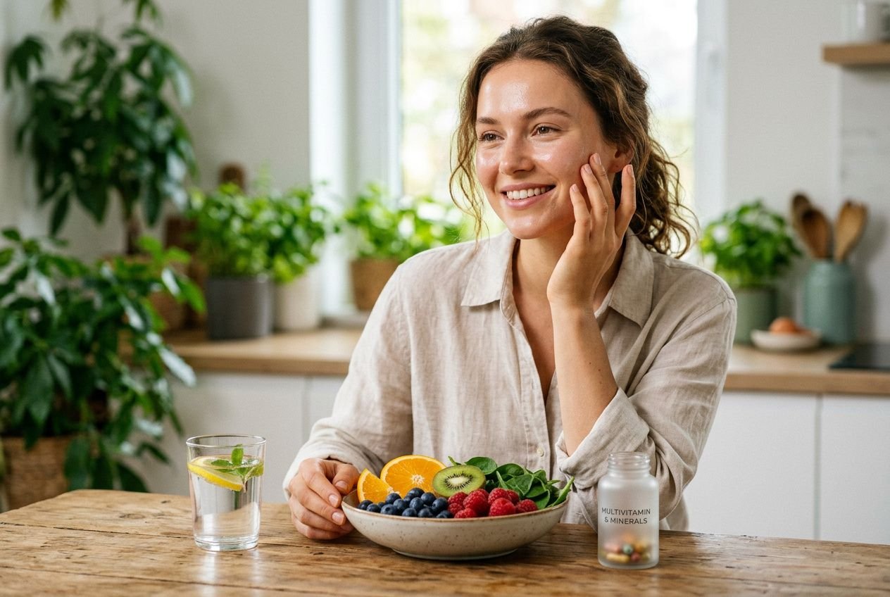 Donna sorridente a colazione con frutta fresca in una ciotola, bicchiere d’acqua e integratori per la salute della pelle sul tavolo.