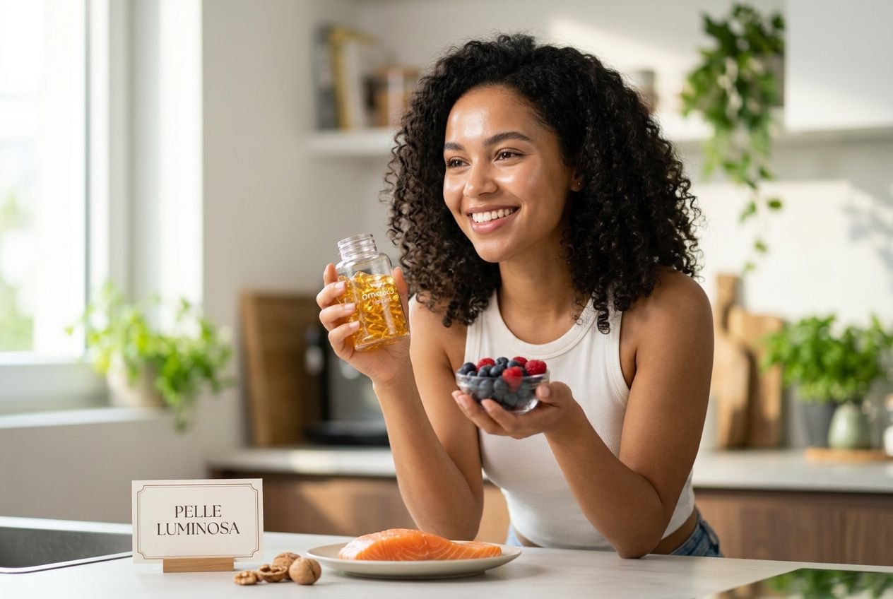 Donna sorridente in cucina con capsule di olio e una ciotola di mirtilli; sugli altri: salmone, noci e un cartello "PELLE LUMINOSA", integra integratori per la salute della pelle.