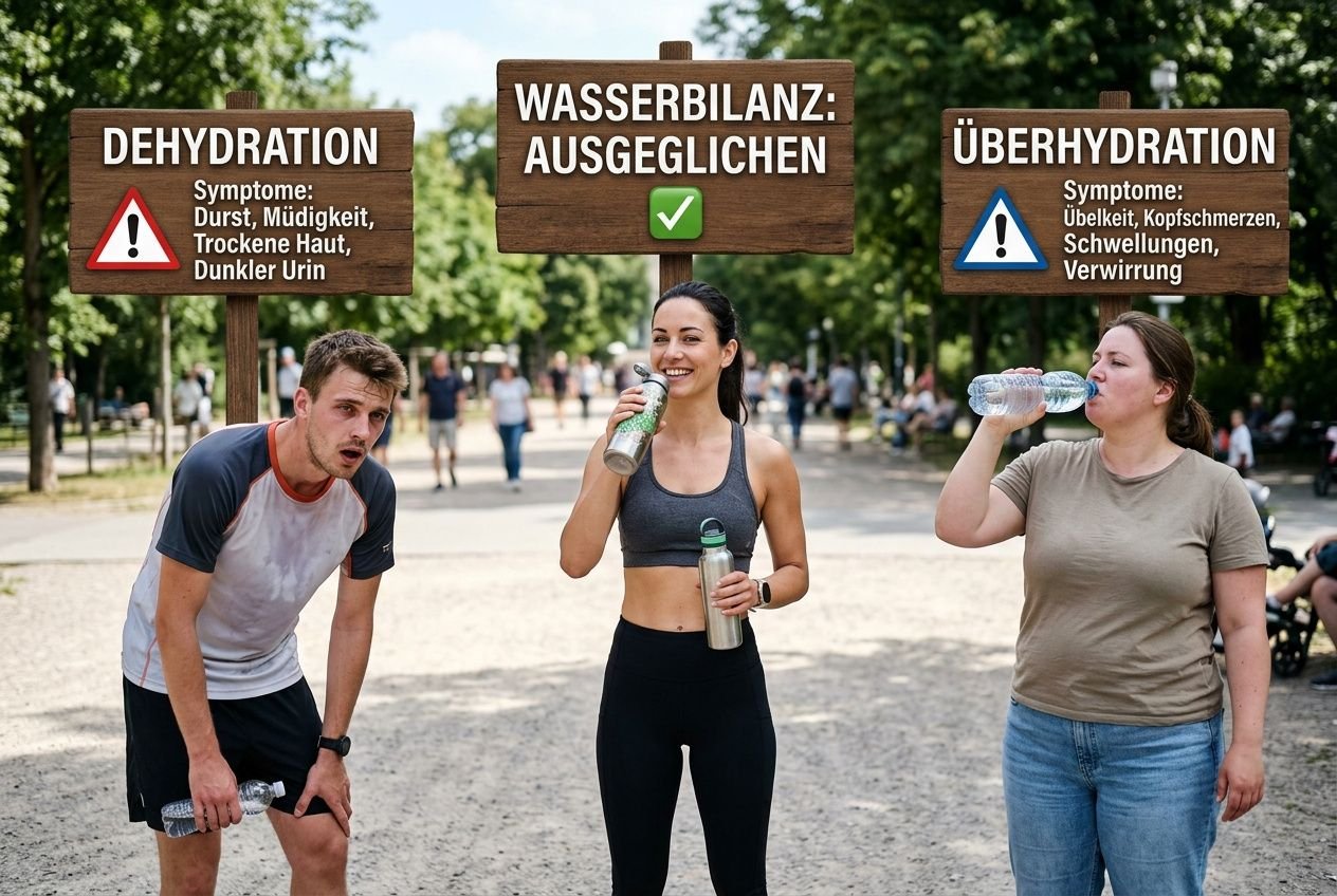 Drei Menschen trinken Wasser in einem Park; Hintergrundschilder informieren zu Dehydration, Ausgeglichenheit des Wasserhaushalts und Überhydratation. wie viel wasser pro kg körpergewicht integriert.