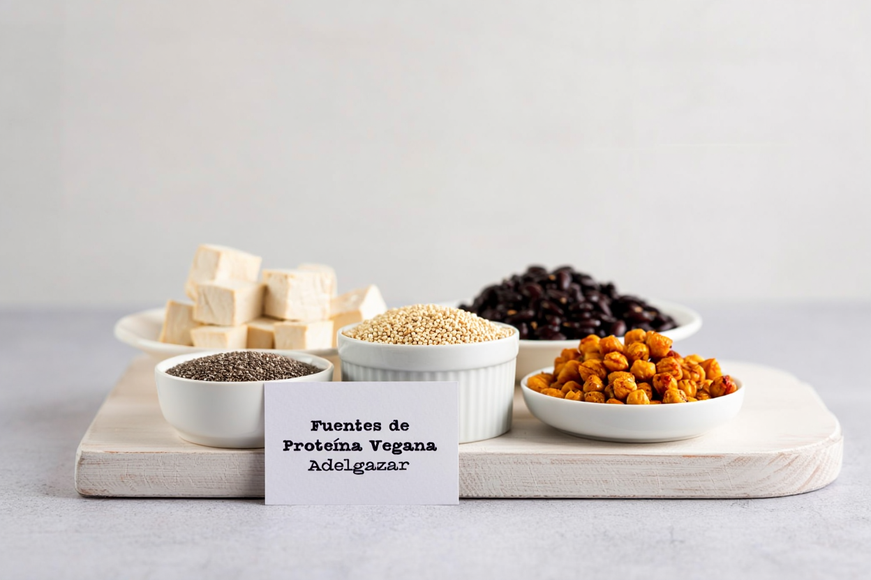 Legumbres, tofu, tempeh y semillas en tabla de madera