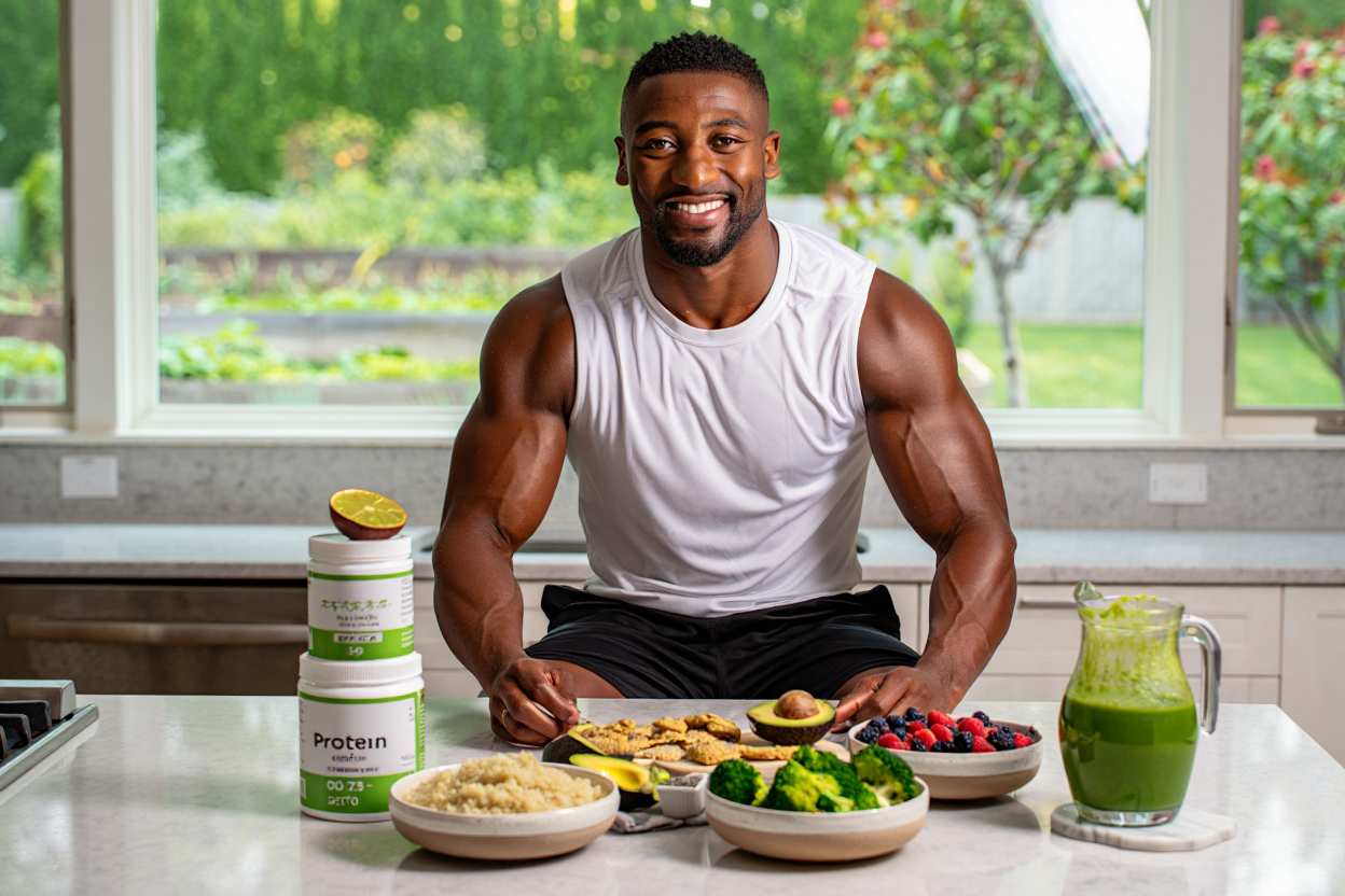 Culturista vegano en entrenamiento de fuerza intenso