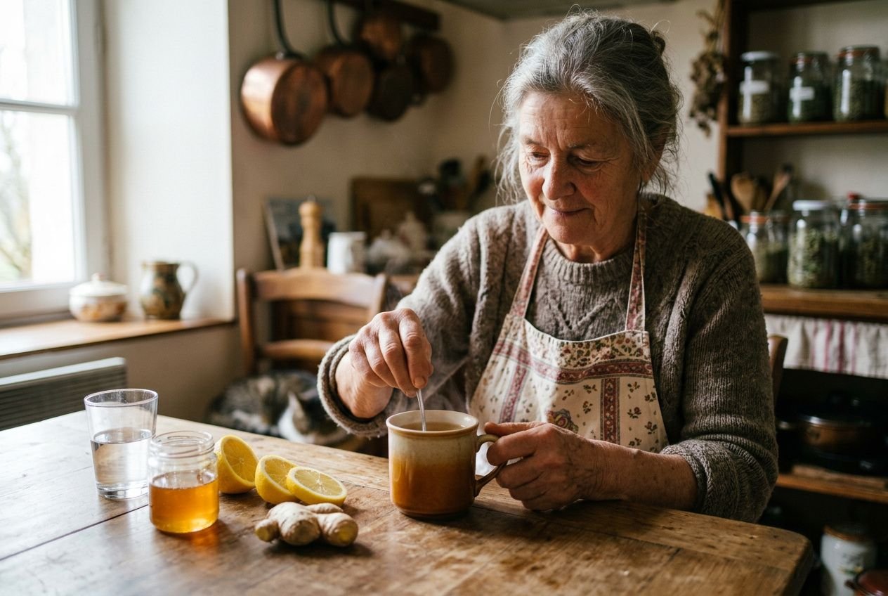 Femme âgée dans une cuisine, mélangeant une tasse chaude avec des citrons, gingembre et miel sur la table. Brûleur de graisse naturel recette de grand-mère.