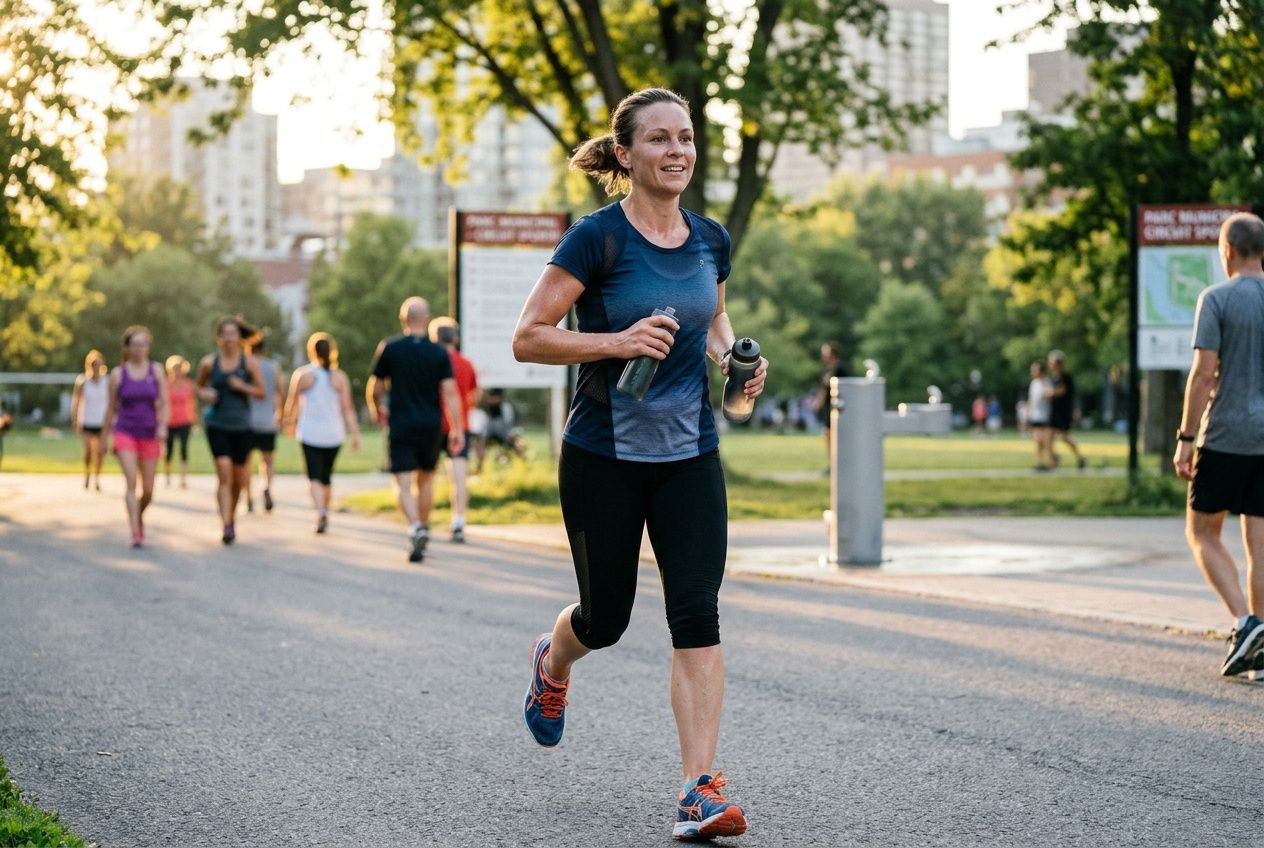 Femme courant dehors avec bouteilles d’eau, entourée d’autres joggeurs dans un parc urbain, éclairage du soir. nutrition perte de poids sport.