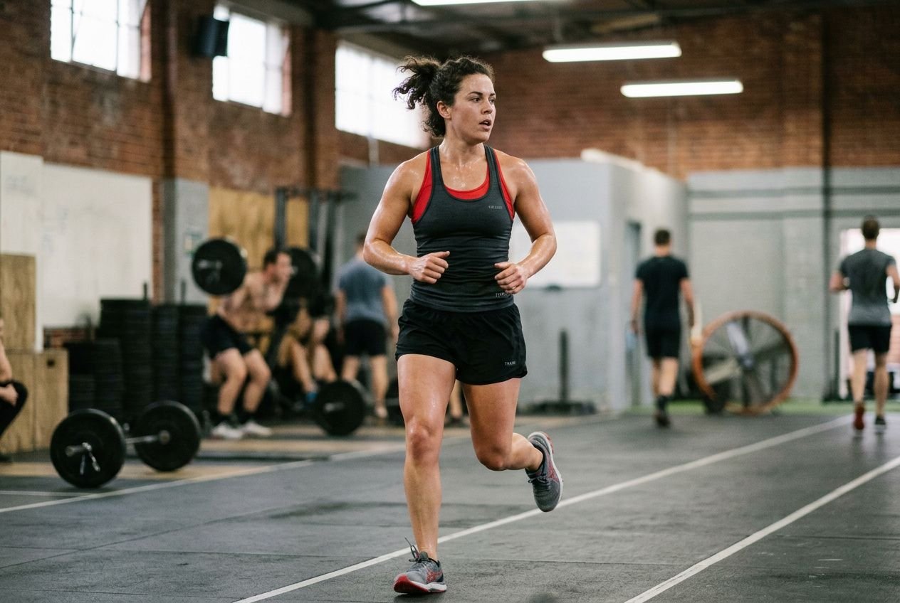 Femme courant dans une salle de sport industrielle, entraînement en plein air intérieur avec d’autres athlètes et poids en arrière-plan. brûleur de graisse puissant pour femme