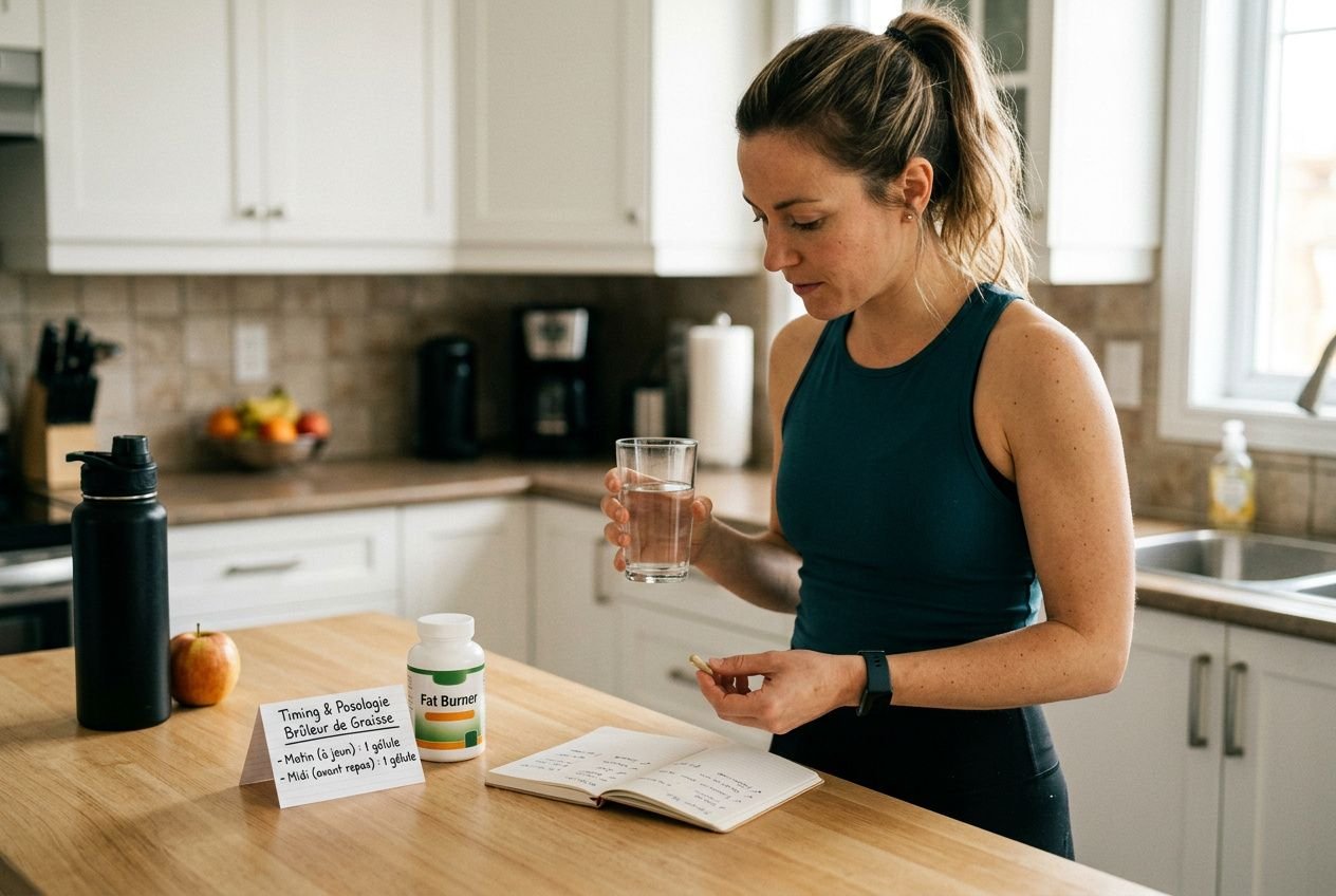 Femme dans une cuisine moderne, prenant un verre d’eau avec un plateau et des remèdes maison sur l’îlot, utilisant un brûleur de graisse naturel recette de grand-mère.