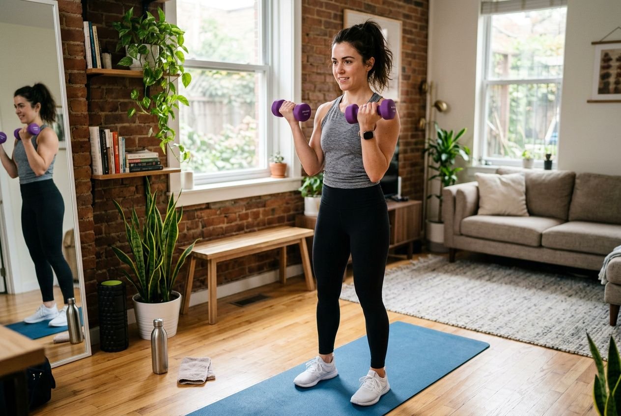 Femme débutante en musculation effectuant des curls avec haltères violets à domicile, sur tapis bleu, en miroir et salon lumineux. programme musculation débutant femme.