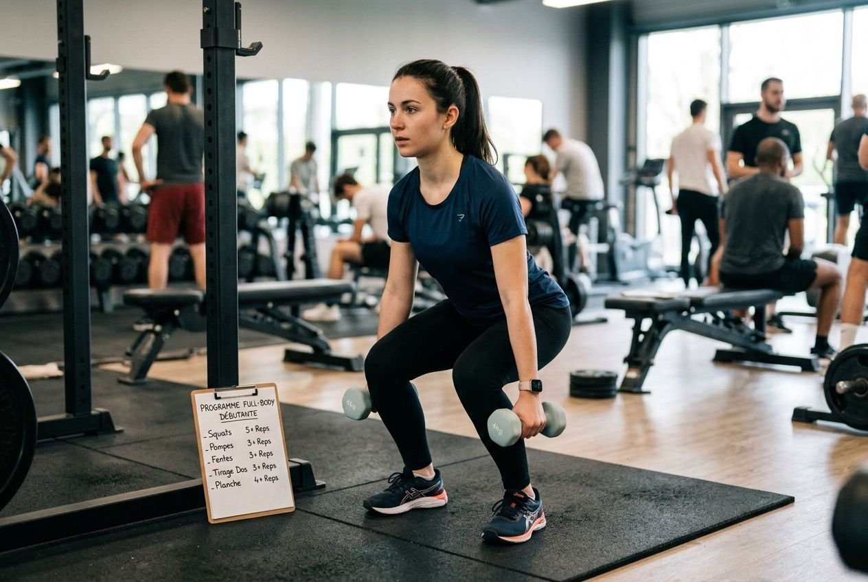 Femme débutante en musculation effectuant un squat avec haltères dans une salle, près d’un tableau “programme full-body débutante” et d’équipements de fitness. programme musculation débutant femme intégré.