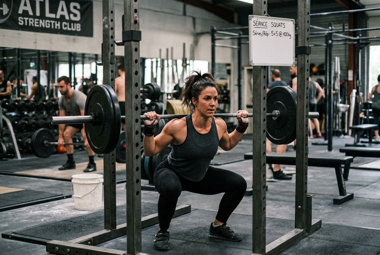 Femme effectuant un squat avec barre chargée dans une salle de musculation, moment d’entraînement ciblé. Programme musculation prise de masse 3 fois par semaine.