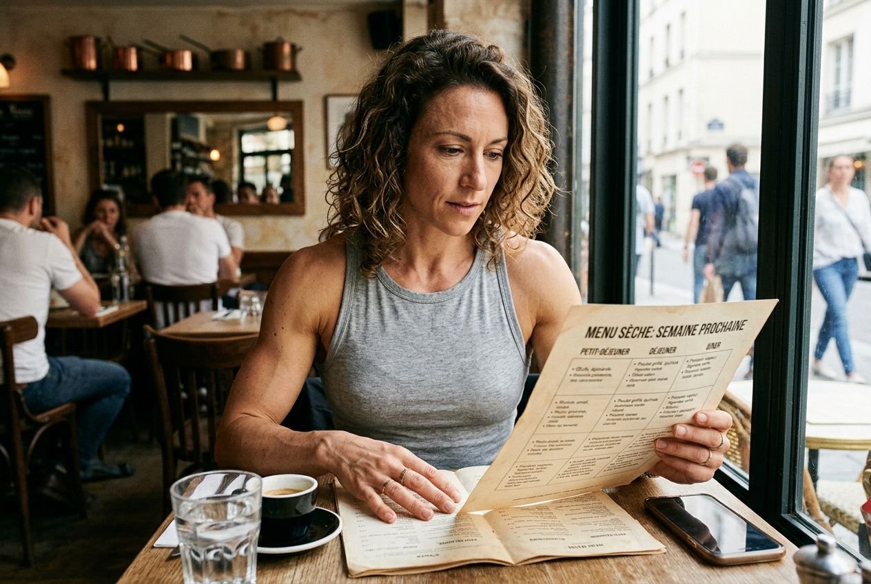 Femme lisant un menu diététique en contexte de repas braisés, dans un café urbain, avec verre et café devant, ambiance chaleureuse. recette sèche musculation intégrée naturellement.