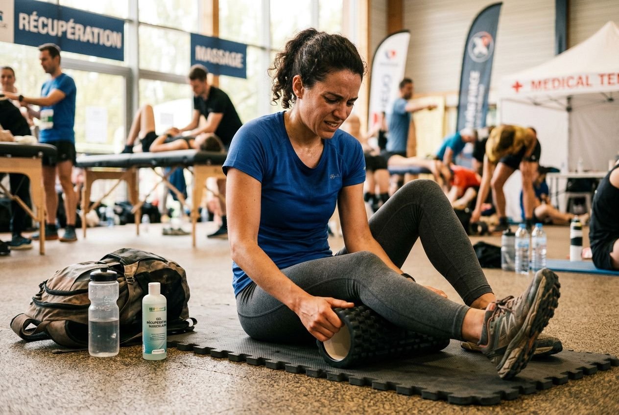 Une femme s’étire sur un tapis après une séance sportive, entourée de bouteilles et sacs, avec d’autres personnes s’entraînant en arrière-plan. courbatures très douloureuses apparaît comme sujet.