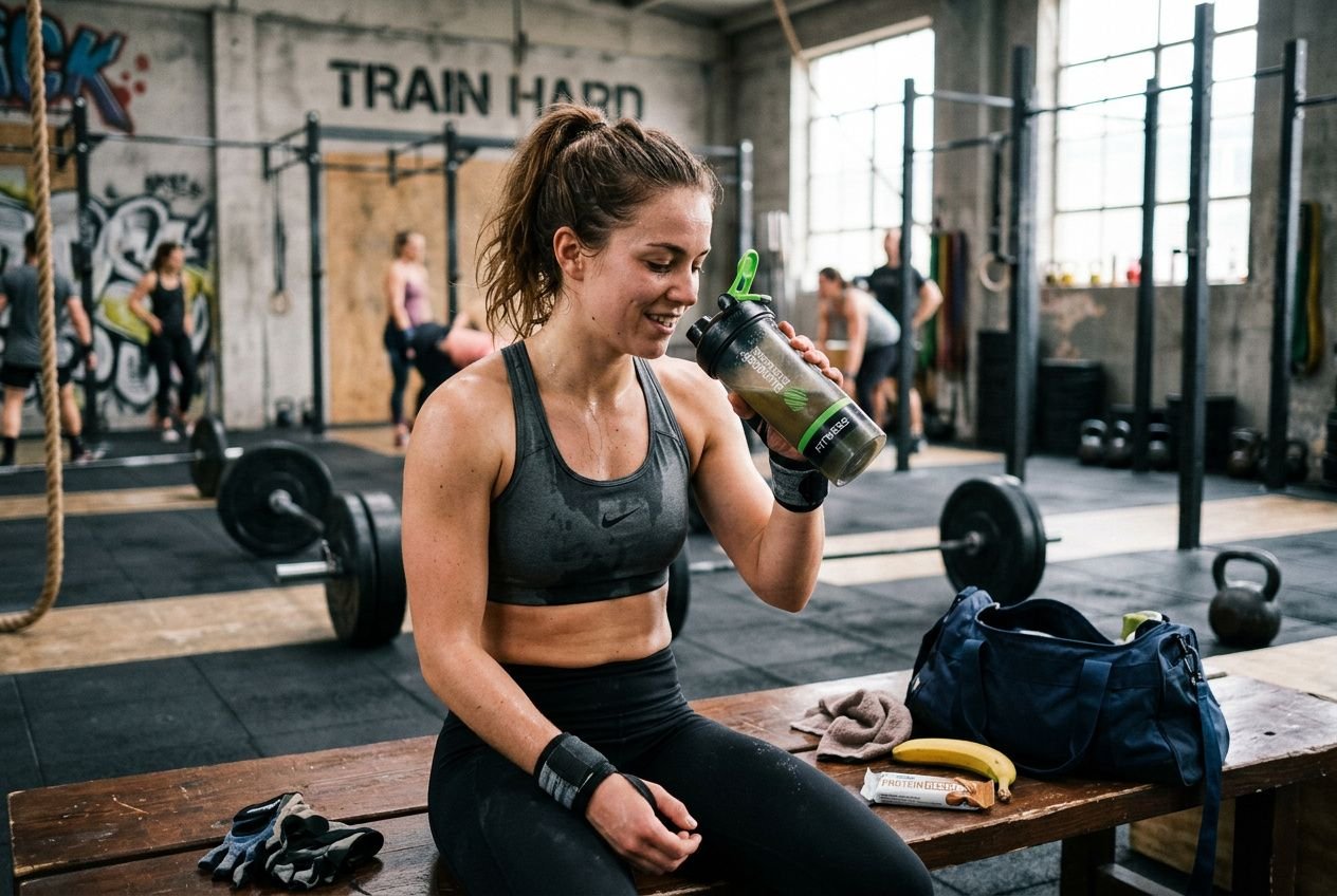 Femme sportive assise sur un banc de gym, buvant de l’eau après l’effort, avec des haltères et matériel de sport autour.