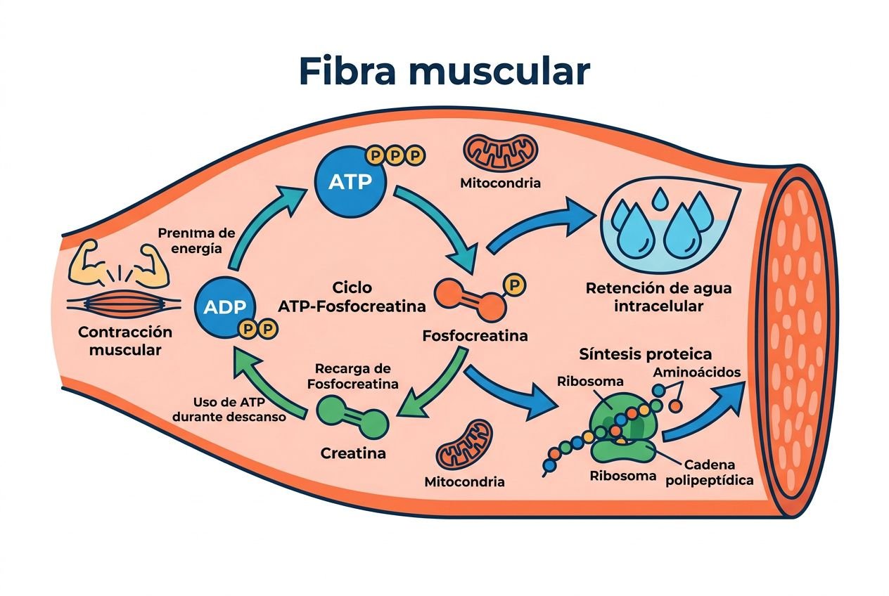 Fibra muscular: diagrama de proceso celular con ATP, ADP, fosfocreatina y síntesis proteica dentro de una fibra, enfatizando la energía y crecimiento muscular. Suplementos para ganar fuerza y masa muscular integrados en el contexto de rendimiento.