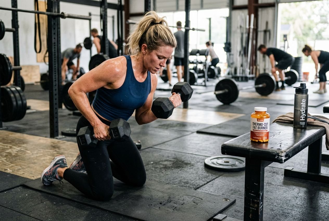 Fit woman performing a dumbbell row on a gym floor, while a bench and fat burner pills sit on the nearby table. Fat burning supplements that actually work are discussed nearby.