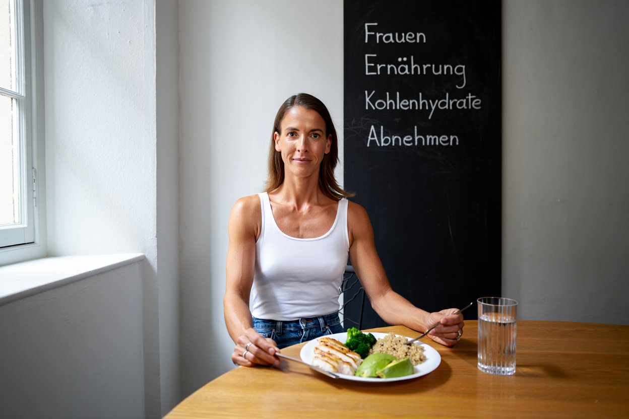 Frau sitzt am Tisch mit Teller Gemüse und Hähnchen, Hintergrund zeigt Tafel mit „Frauen Ernährung Kohlenhydrate Abnehmen“ – thematisiert Wieviel kohlenhydrate am tag.