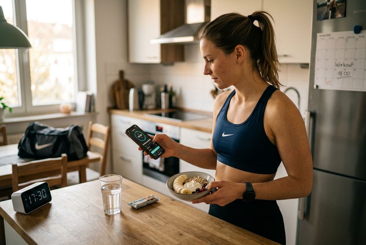 Frau in Sport-BH prüft Sprudeln des Trainingsplans, steht am Küchentisch mit Bowl und Smartphone : ideal für „was essen vor dem training abnehmen“ vor dem Workout.
