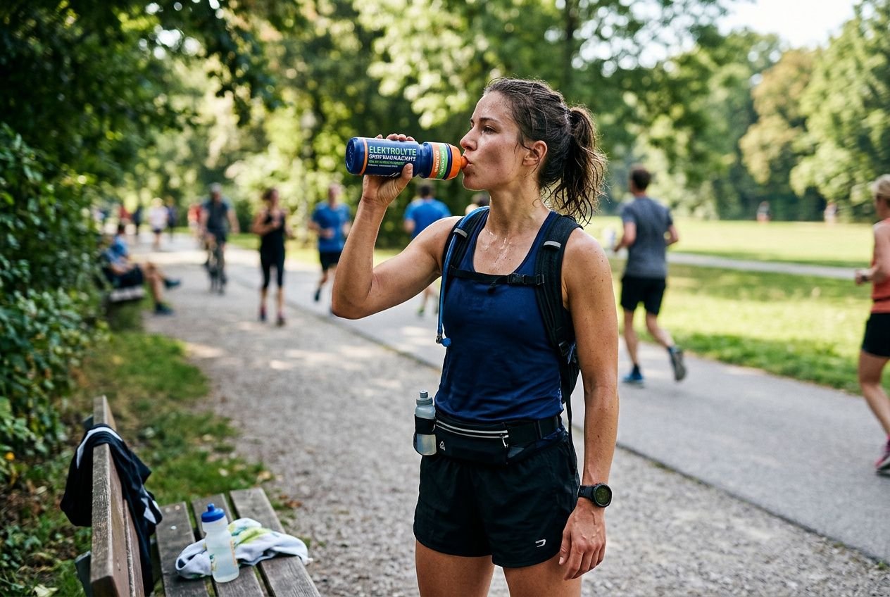 Frau trinkt Wasser aus Trinkflasche während Training bei Hitze; Definition von hydration, elektrolyte und Supplements im Sommer sichtbar.