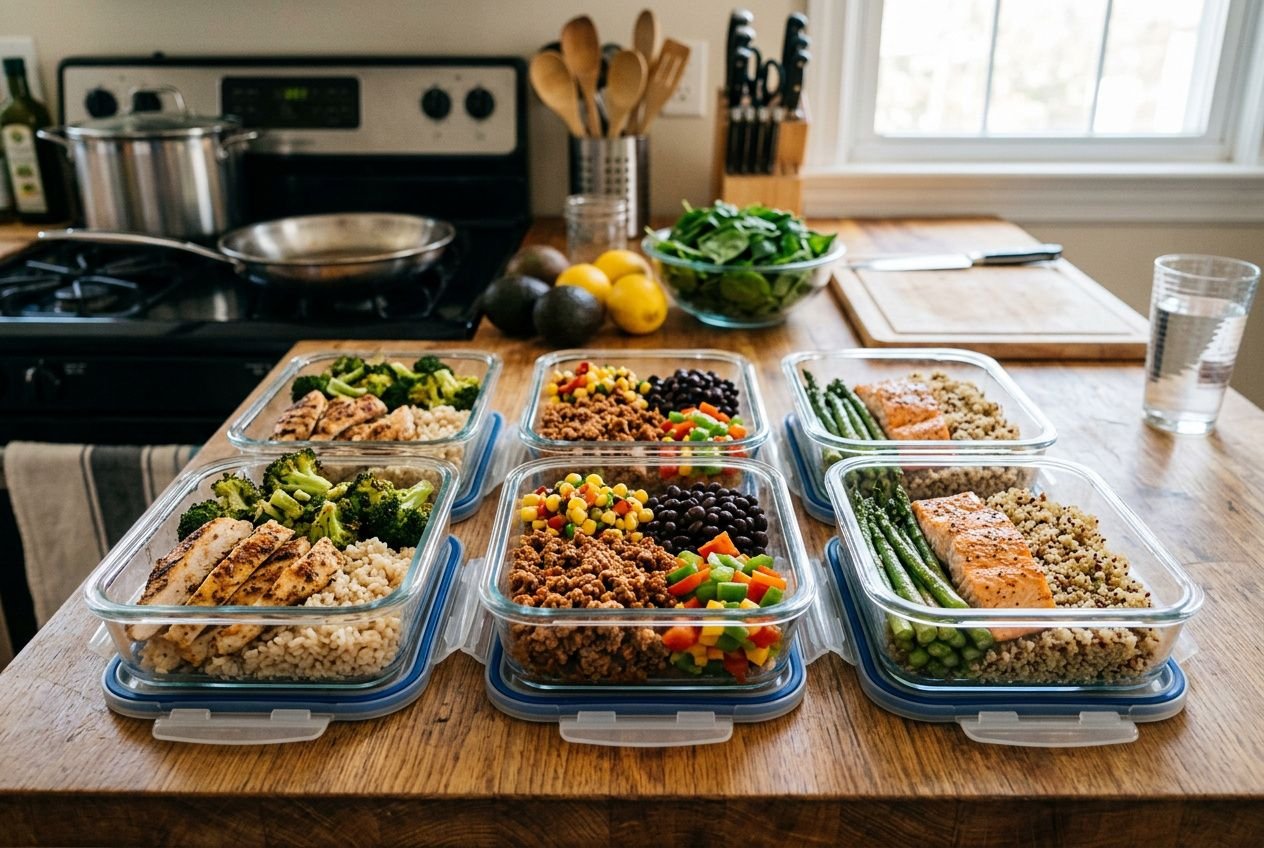 Fünf meal-prep Boxen mit proteinreichen Gerichten stehen auf der Küchenarbeitsplatte; Reis, Gemüse, Hülsenfrüchte und Fleisch sind sortiert in Gläsern, dahinter Obst und ein Glas Wasser. proteinreiche ernährung im alltag.