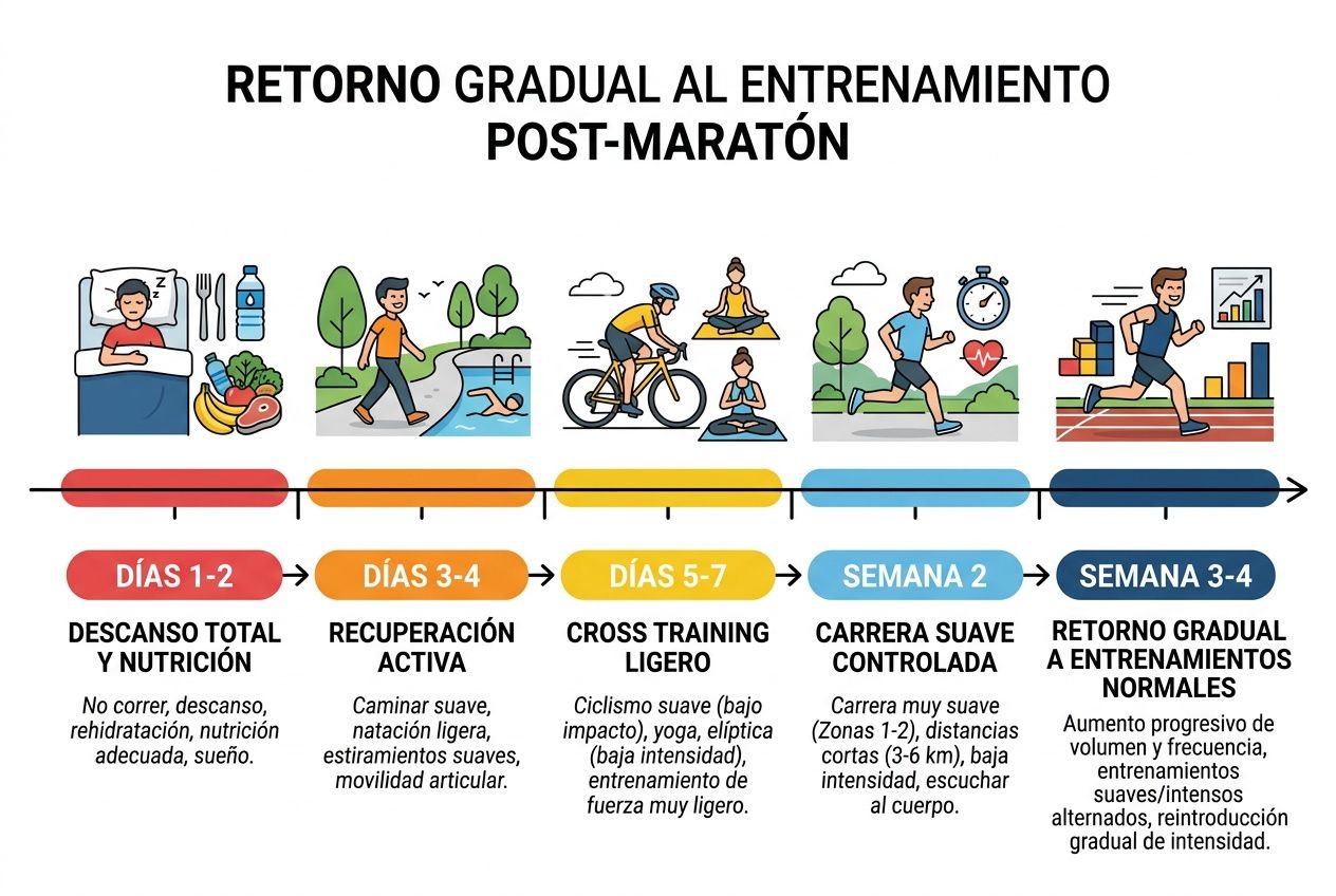 Guía visual de recuperación tras maratón: descanso, nutrición e hidratación. Ilustraciones muestran dormir, comer sano, caminar, nadar, ciclismo, estiramientos suaves y carrera ligera; progresión hacia entrenamiento gradual normales. Integrado: recuperación muscular después de correr.