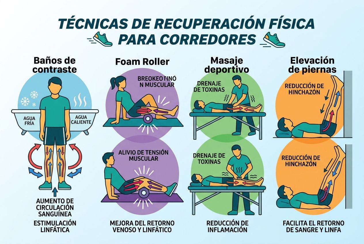 Guía visual de técnicas de recuperación física para corredores, destacando baños de contraste, foam roller, masaje deportivo y elevación de piernas para favorecer la recuperación muscular después de correr.