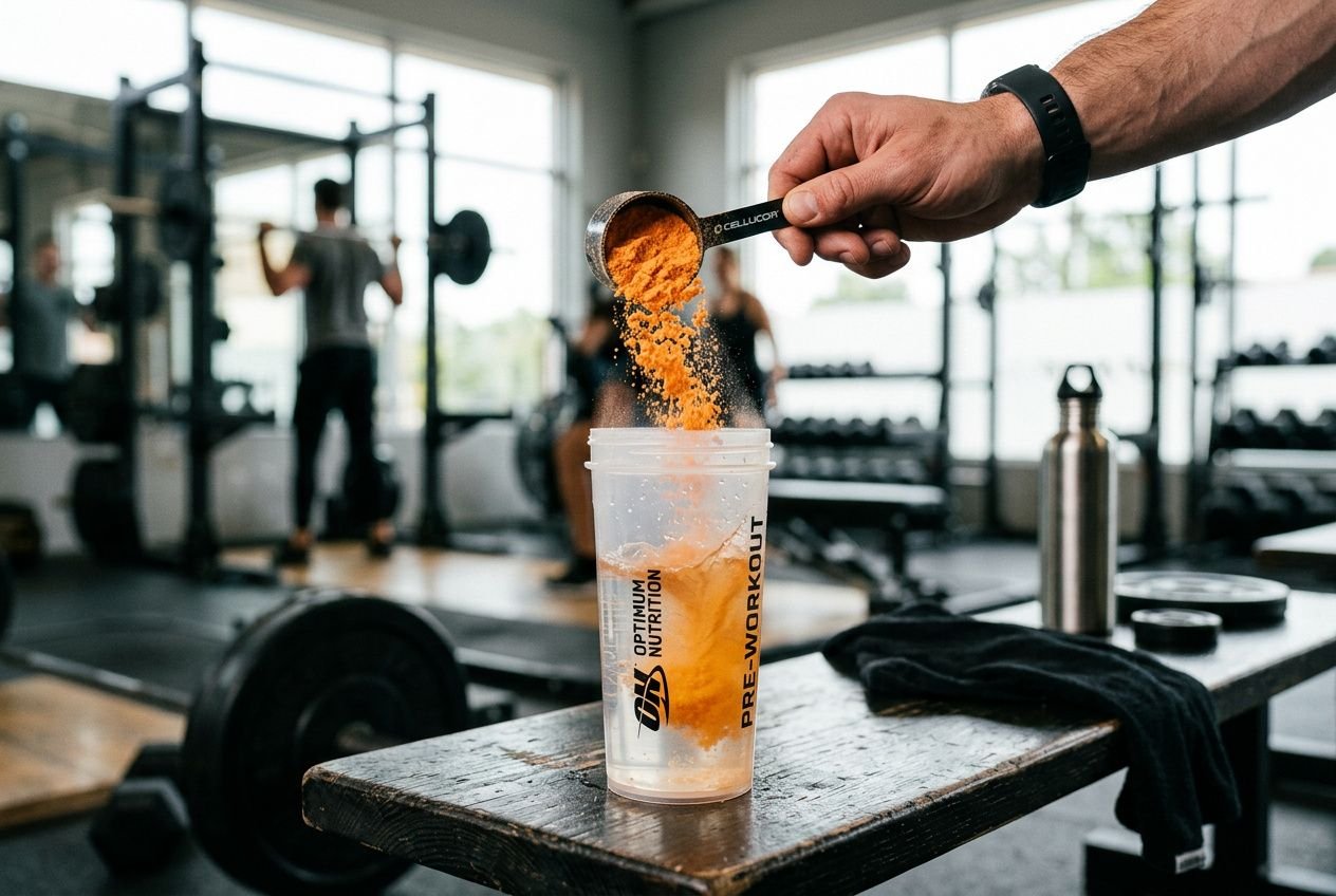 Hand pouring orange powder into a pre-workout drink on a gym bench, with weights and equipment in the background. A fit, energetic vibe and pre workout food for energy theme is implied.