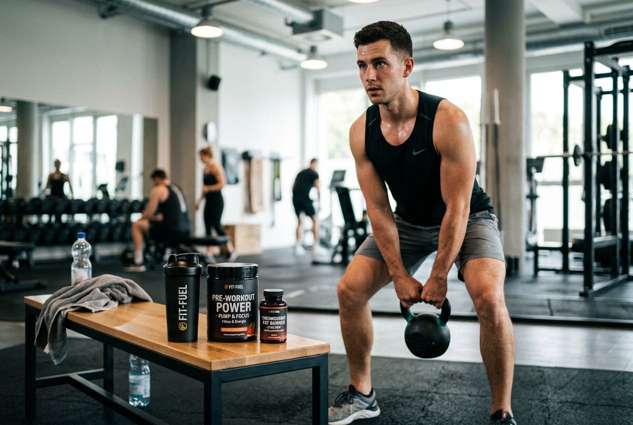 Herr trainiert im Fitnessstudio mit Kurzhantel-Kreuzheben; auf dem Tisch stehen Fitness-Supplements, Wasserflasche und Handtuch. was essen vor dem training abnehmen.