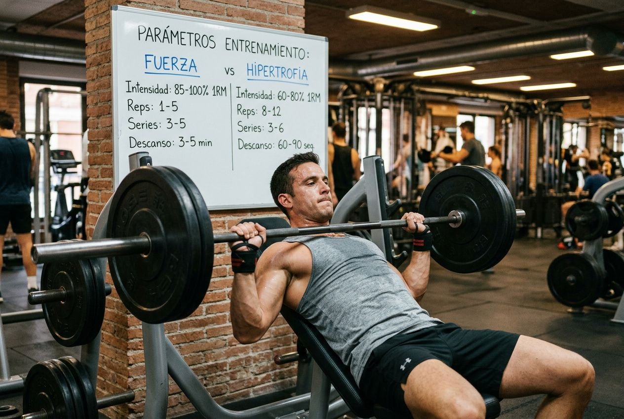 Hombre entrenando en banco de press de pecho en gimnasio; pizarra detrás compara fuerza y hipertrofia, título: entrenamiento. Diferencia entre fuerza máxima e hipertrofía. Semana de repeticiones y series.