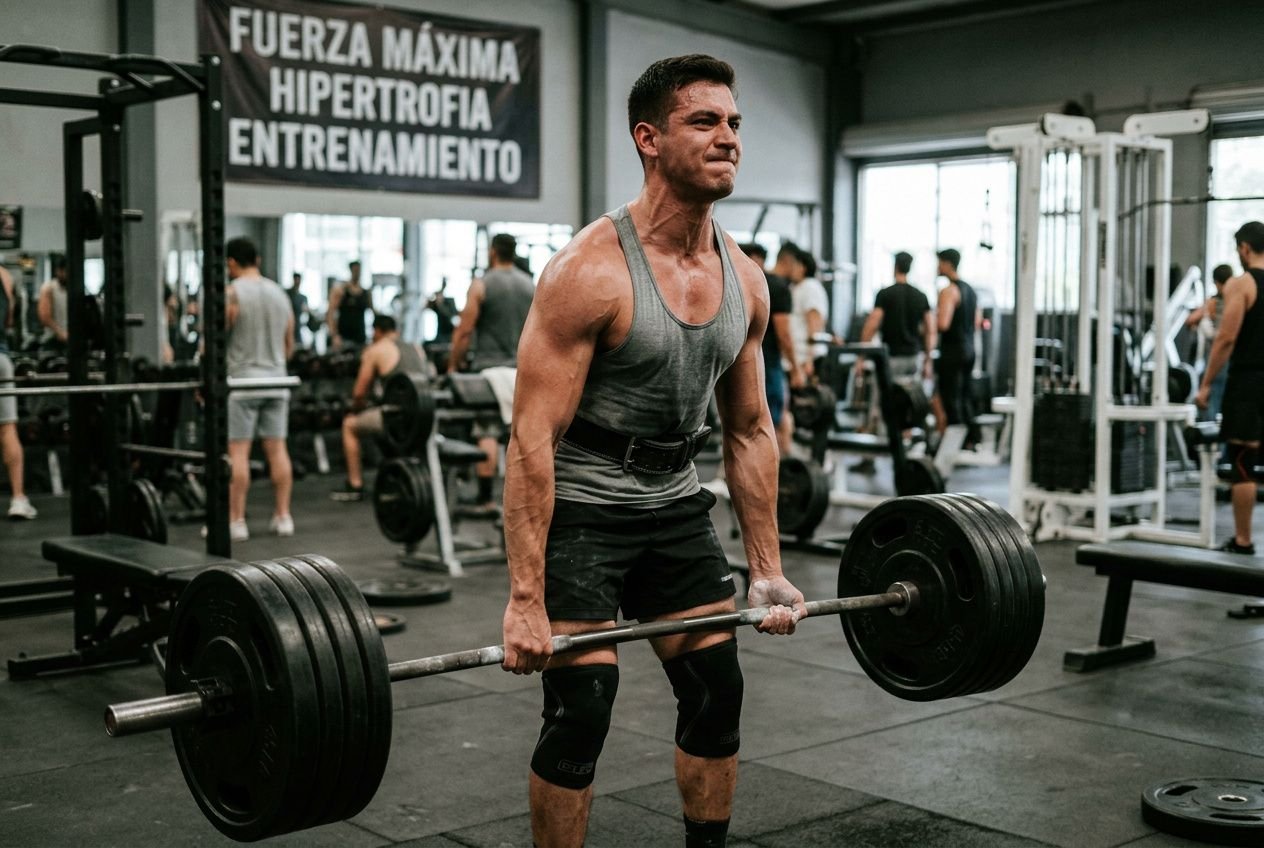 Hombre en gimnasio levantando una barra con pesas; fondo con señal que dice “Fuerza Máxima Hipertrofia Entrenamiento”. Diferencia entre fuerza máxima e hipertrofia en primer plano.